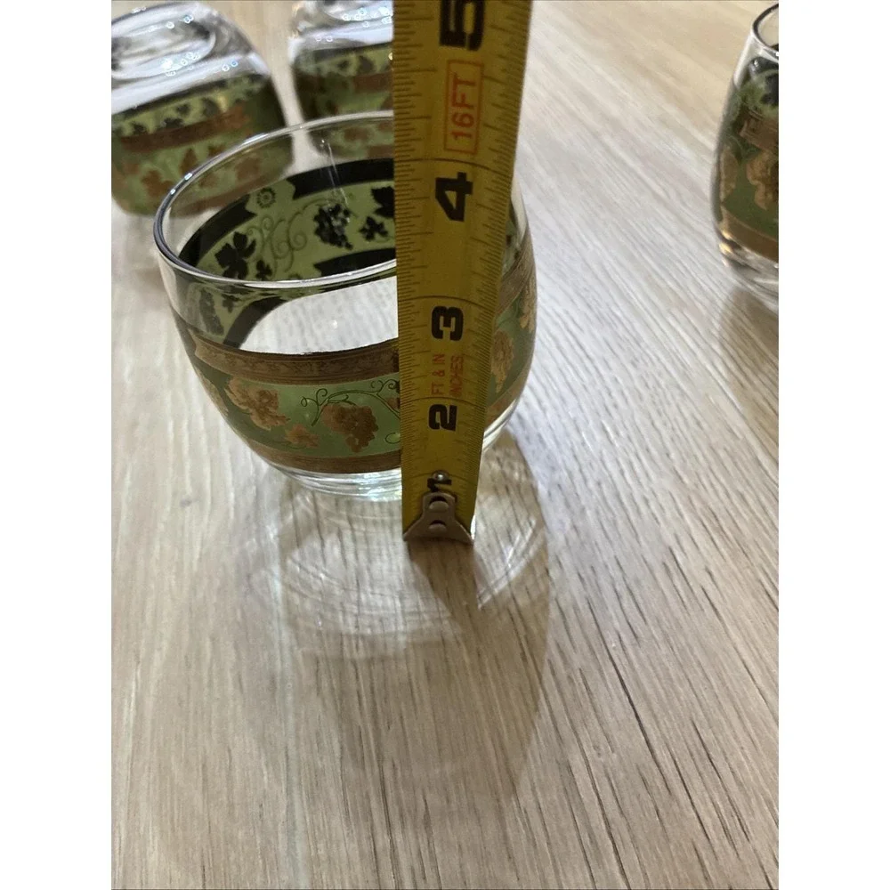 4pc VTG 60s MCM Roly Poly Cera Glass 22K Golden Grapes Green Highball Tumbler